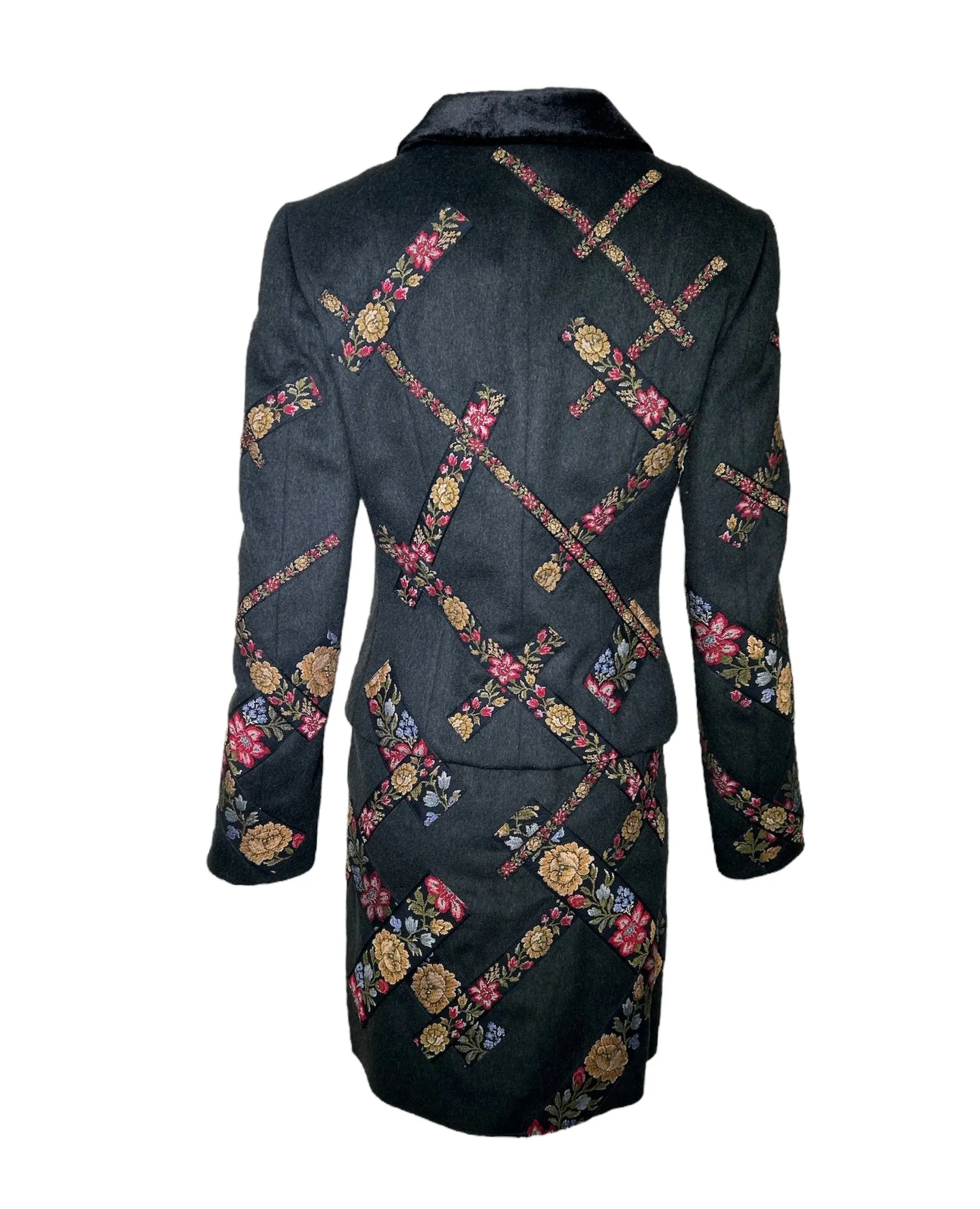 Moschino 1990s Cheap and Chic Wool Suit Ensemble w/Petit-Point Floral Trim, New/Old