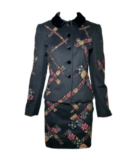 Moschino 1990s Cheap and Chic Wool Suit Ensemble w/Petit-Point Floral Trim, New/Old