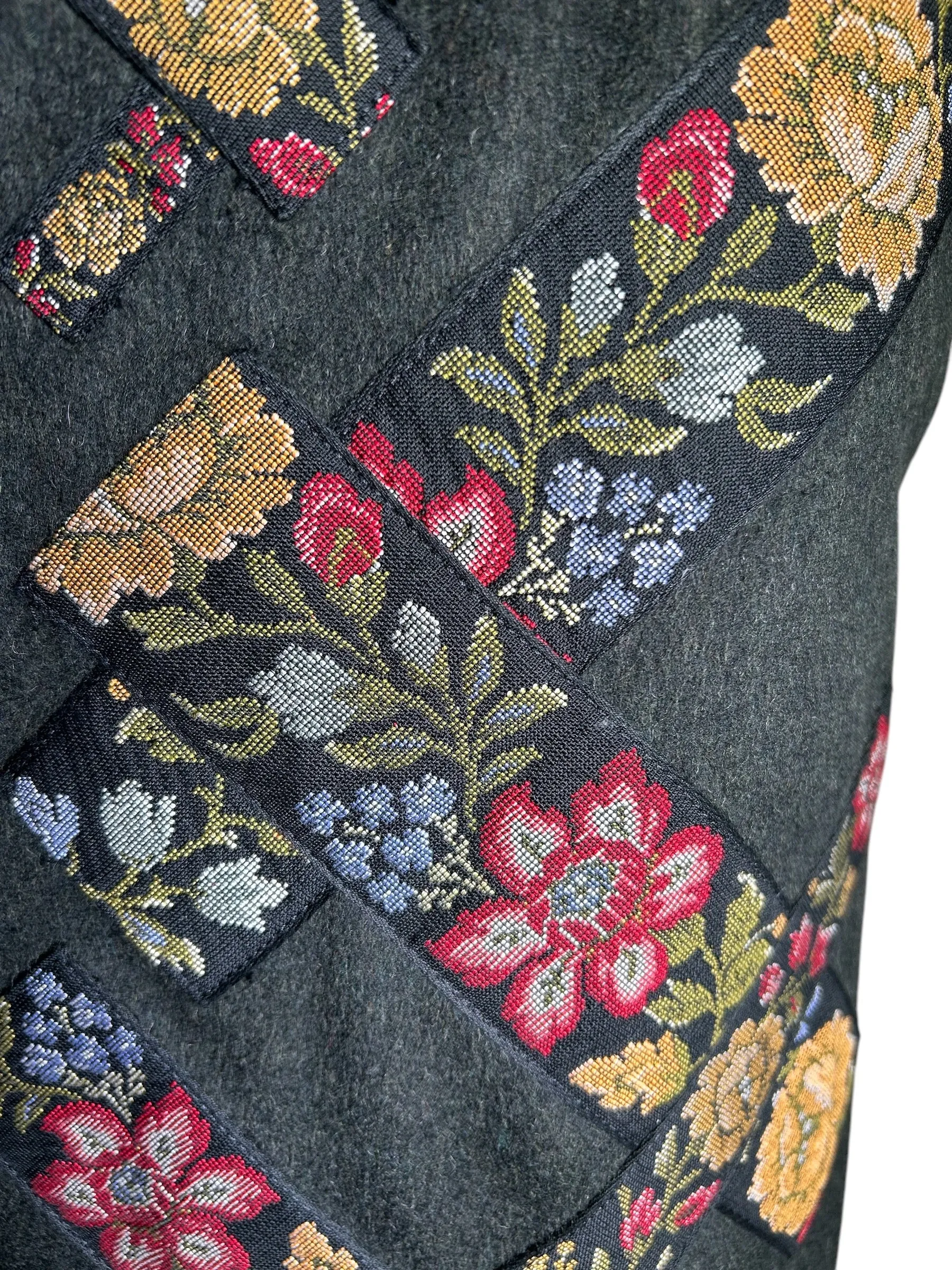 Moschino 1990s Cheap and Chic Wool Suit Ensemble w/Petit-Point Floral Trim, New/Old