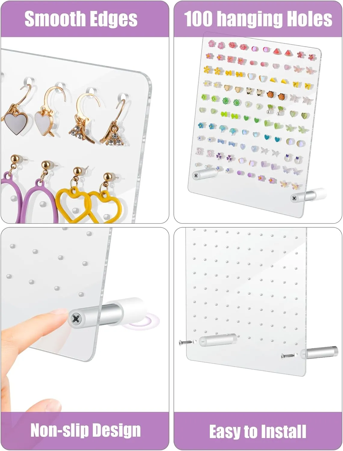 NiHome Acrylic Earring Stand 3PCS, Exquisite Double-Sided Acrylic Earring Organizer with 90 Holes Each - Lightweight and Sturdy Material, Unique Design with Larger Holes for Special Sizes