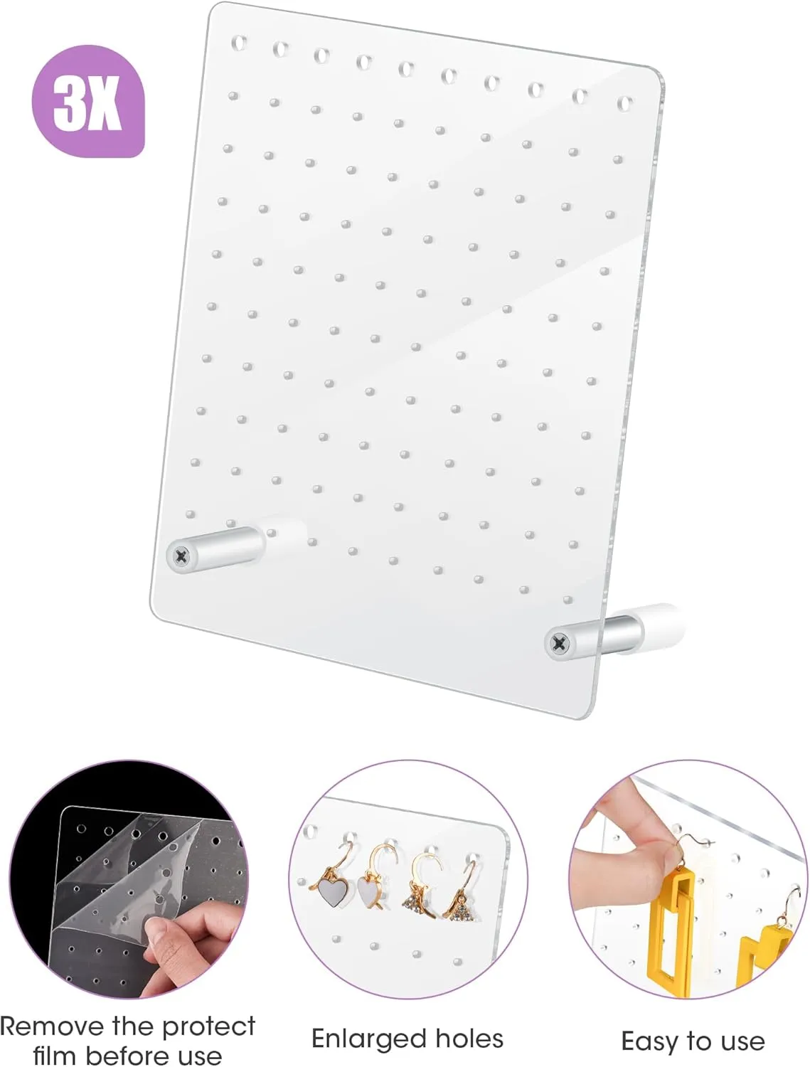 NiHome Acrylic Earring Stand 3PCS, Exquisite Double-Sided Acrylic Earring Organizer with 90 Holes Each - Lightweight and Sturdy Material, Unique Design with Larger Holes for Special Sizes