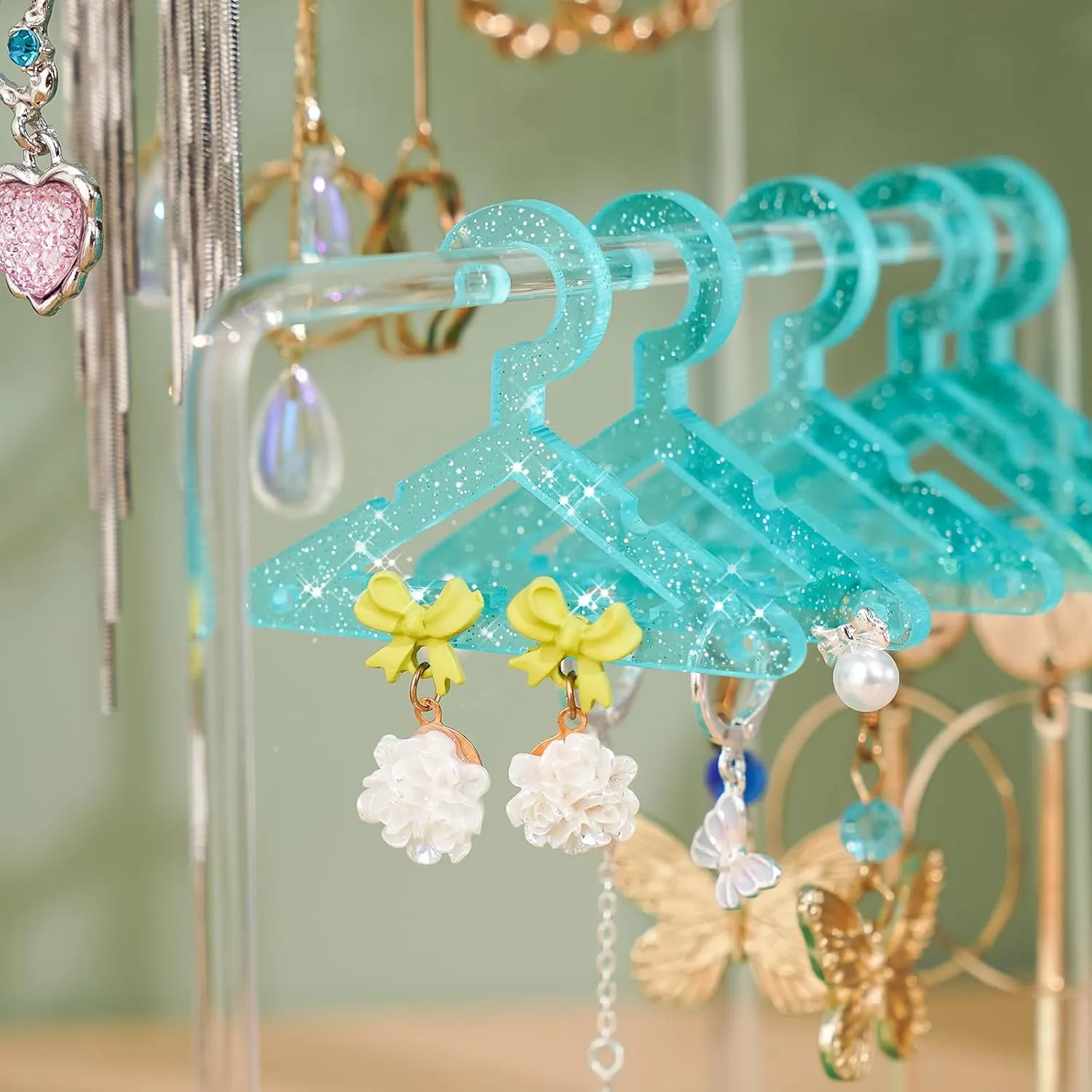 NiHome Glitter Acrylic Earring Holder with Unique Double-Tier Design, Miniature Clothing Hangers with Spacious Storage for 48 Pairs, Mirror-Finish Display for Home Vanity, Retail Showrooms (Blue)