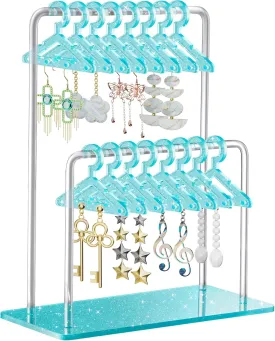 NiHome Glitter Acrylic Earring Holder with Unique Double-Tier Design, Miniature Clothing Hangers with Spacious Storage for 48 Pairs, Mirror-Finish Display for Home Vanity, Retail Showrooms (Blue)
