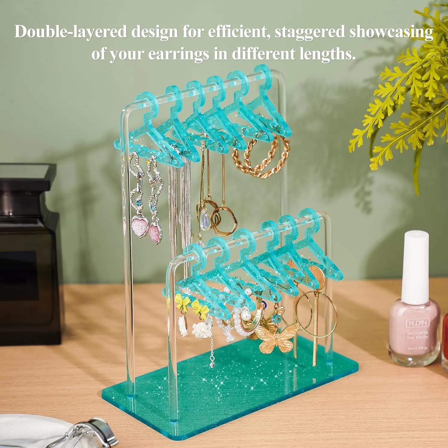 NiHome Glitter Acrylic Earring Holder with Unique Double-Tier Design, Miniature Clothing Hangers with Spacious Storage for 48 Pairs, Mirror-Finish Display for Home Vanity, Retail Showrooms (Blue)