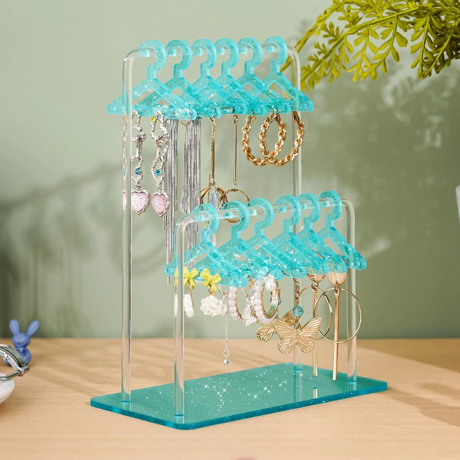 NiHome Glitter Acrylic Earring Holder with Unique Double-Tier Design, Miniature Clothing Hangers with Spacious Storage for 48 Pairs, Mirror-Finish Display for Home Vanity, Retail Showrooms (Blue)