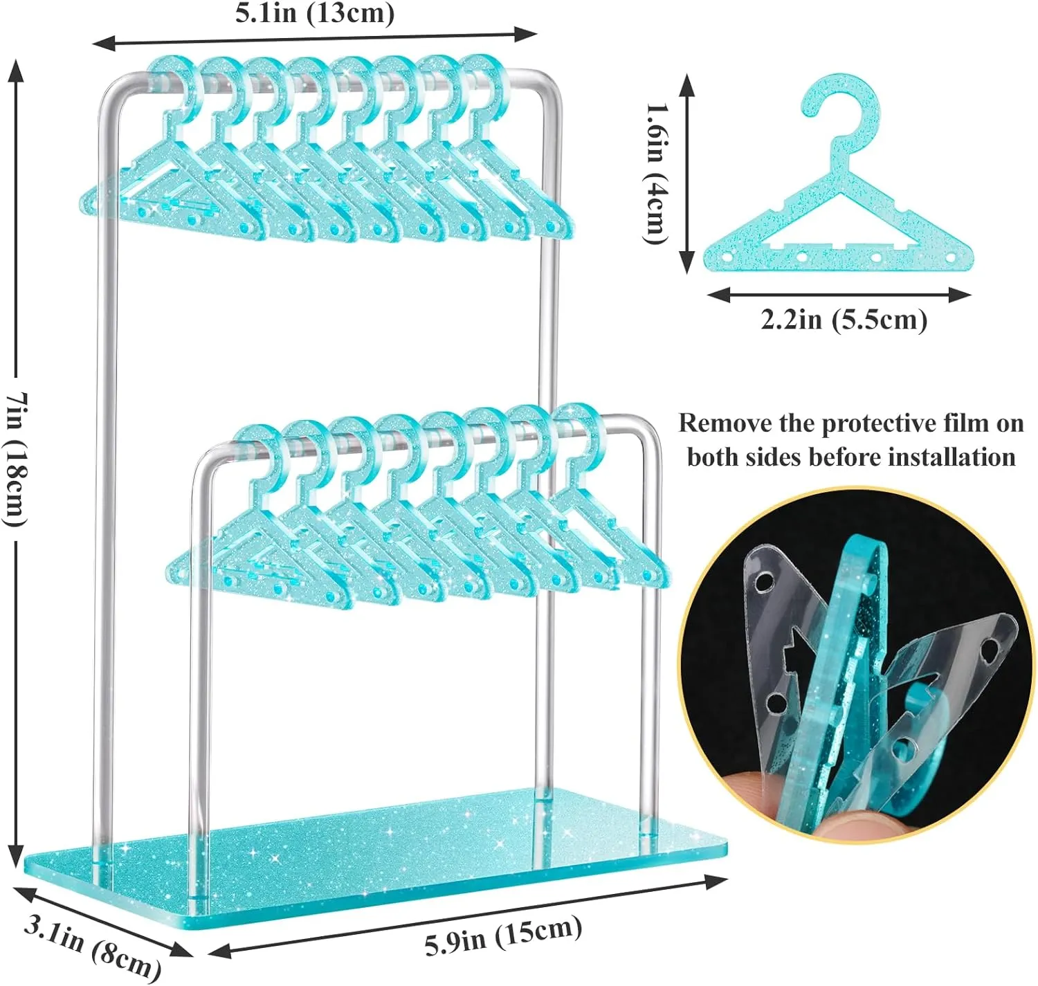 NiHome Glitter Acrylic Earring Holder with Unique Double-Tier Design, Miniature Clothing Hangers with Spacious Storage for 48 Pairs, Mirror-Finish Display for Home Vanity, Retail Showrooms (Blue)