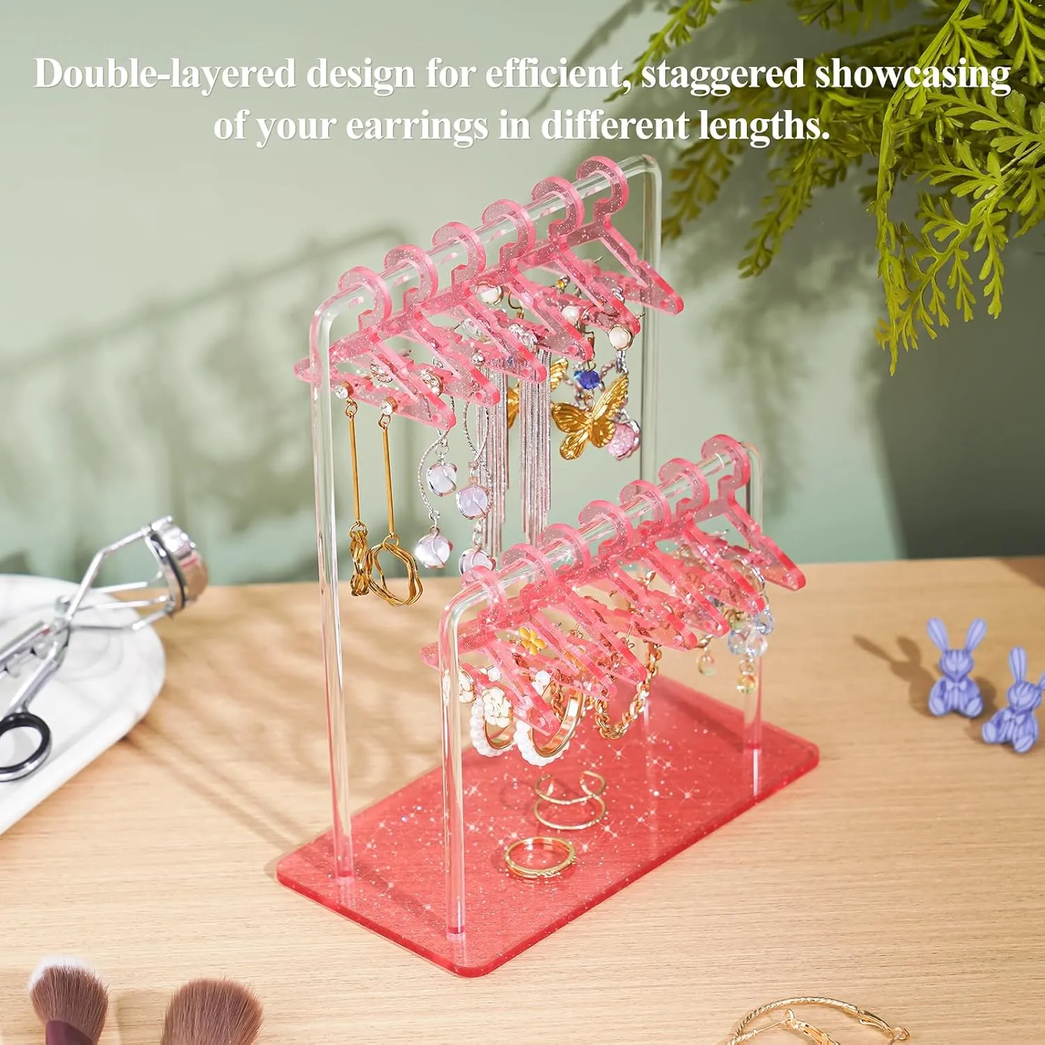 NiHome Glitter Acrylic Earring Holder with Unique Double-Tiered Design, Miniature Clothing Hangers with Spacious Storage for 48 Pairs, Mirror-Finish Display for Home Vanity & Retail Showrooms (Pink)