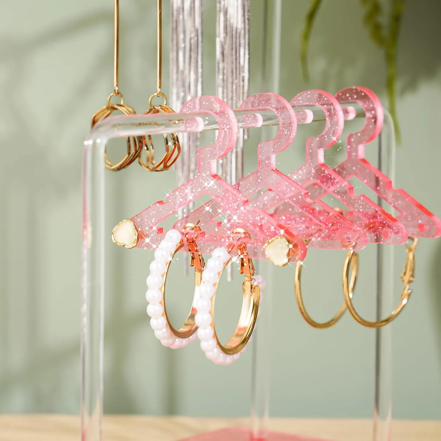 NiHome Glitter Acrylic Earring Holder with Unique Double-Tiered Design, Miniature Clothing Hangers with Spacious Storage for 48 Pairs, Mirror-Finish Display for Home Vanity & Retail Showrooms (Pink)