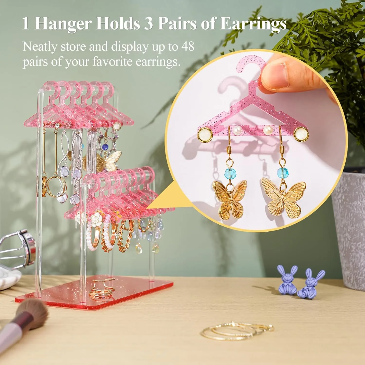 NiHome Glitter Acrylic Earring Holder with Unique Double-Tiered Design, Miniature Clothing Hangers with Spacious Storage for 48 Pairs, Mirror-Finish Display for Home Vanity & Retail Showrooms (Pink)