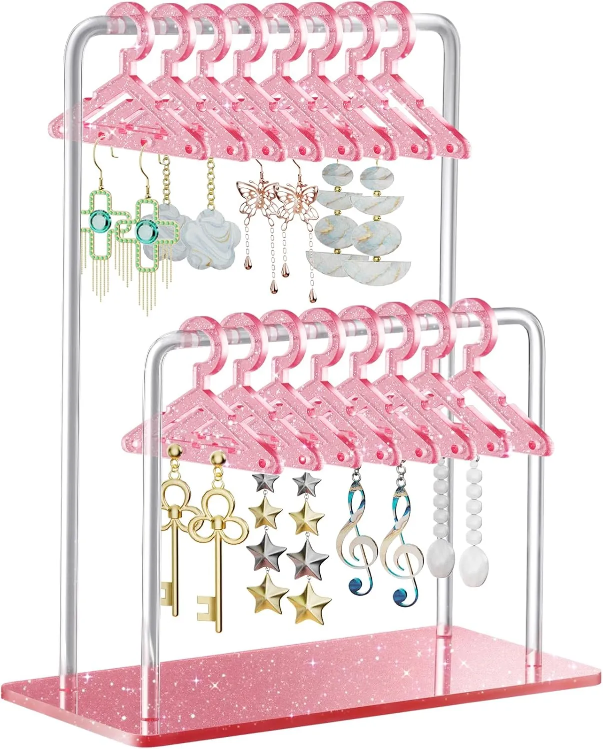 NiHome Glitter Acrylic Earring Holder with Unique Double-Tiered Design, Miniature Clothing Hangers with Spacious Storage for 48 Pairs, Mirror-Finish Display for Home Vanity & Retail Showrooms (Pink)