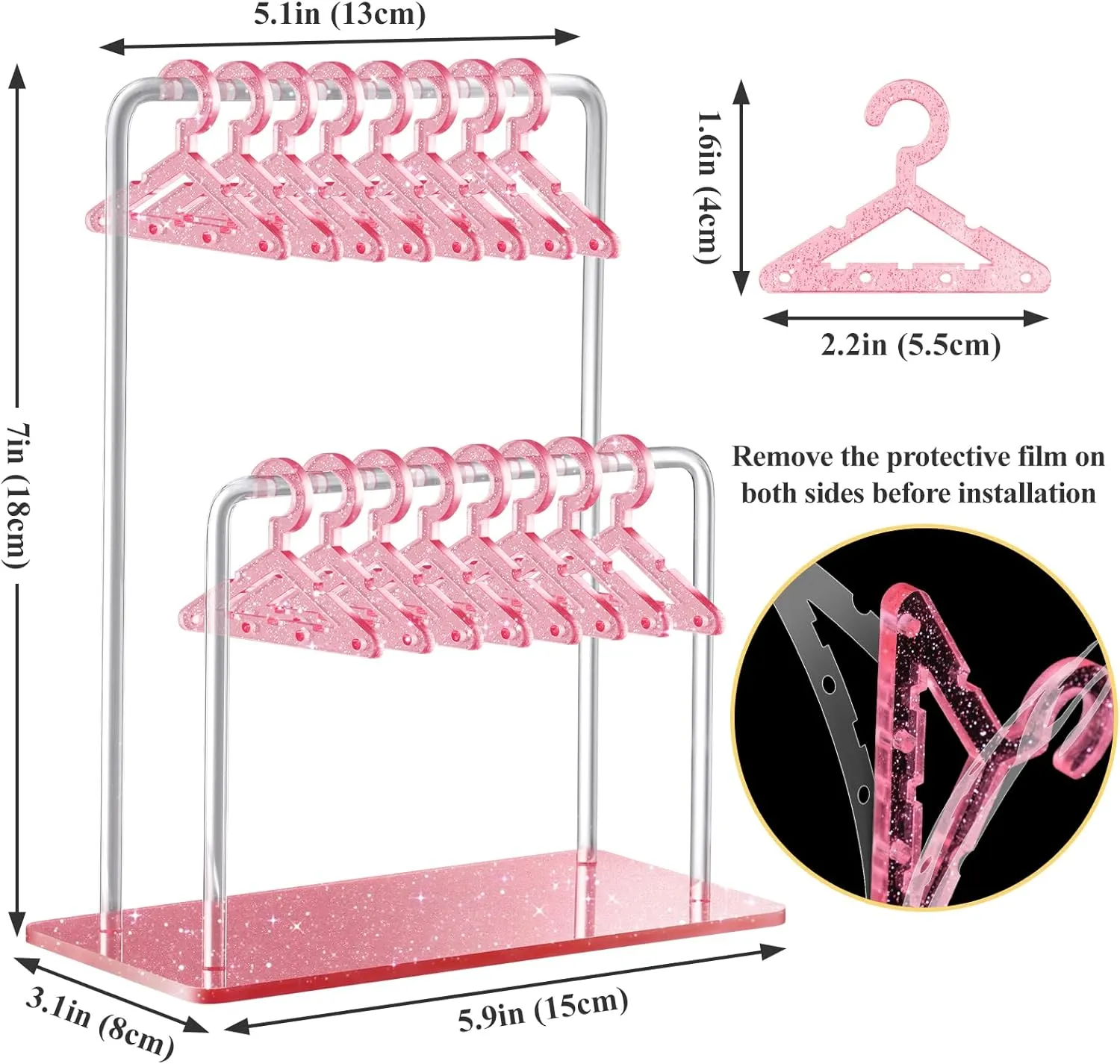 NiHome Glitter Acrylic Earring Holder with Unique Double-Tiered Design, Miniature Clothing Hangers with Spacious Storage for 48 Pairs, Mirror-Finish Display for Home Vanity & Retail Showrooms (Pink)