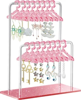 NiHome Glitter Acrylic Earring Holder with Unique Double-Tiered Design, Miniature Clothing Hangers with Spacious Storage for 48 Pairs, Mirror-Finish Display for Home Vanity & Retail Showrooms (Pink)