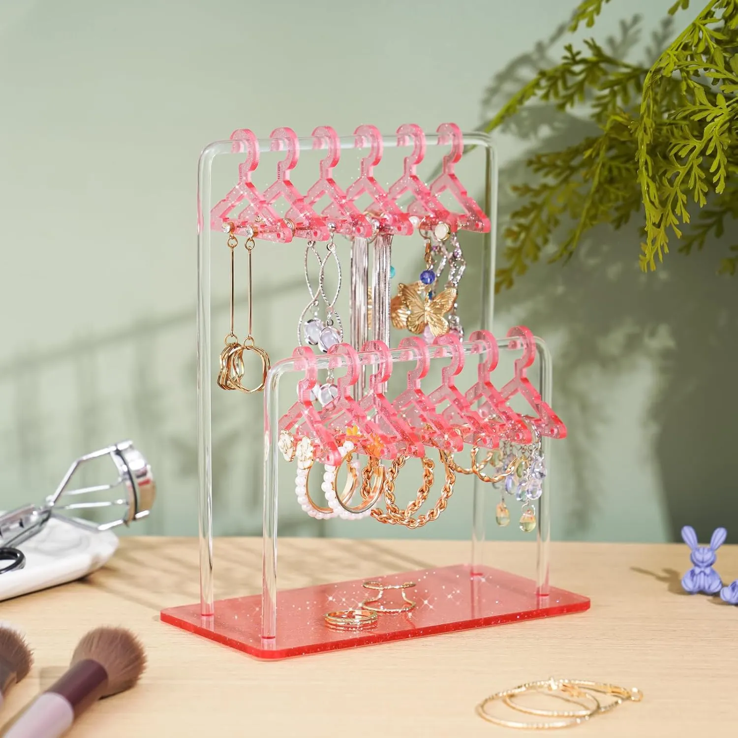 NiHome Glitter Acrylic Earring Holder with Unique Double-Tiered Design, Miniature Clothing Hangers with Spacious Storage for 48 Pairs, Mirror-Finish Display for Home Vanity & Retail Showrooms (Pink)