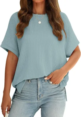Oversized Blouses for Women Trendy Short Sleeve Boat Neck Casual Solid Color Loose Texture Knit Tunic Tops Blouses
