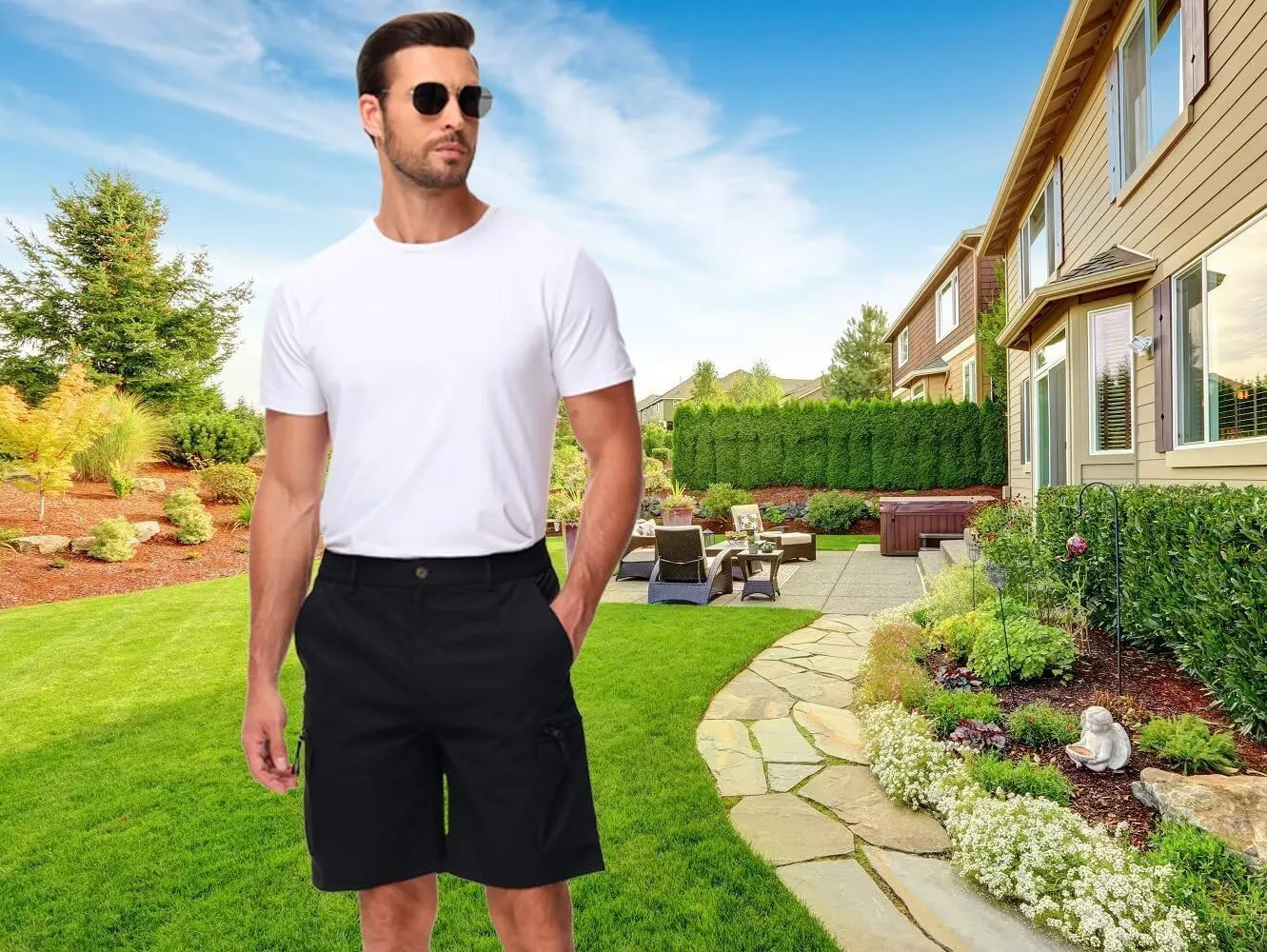 QPNGRP Men's 9" Inseam Stretch Waist Zipper Cargo Shorts with 6 Pockets