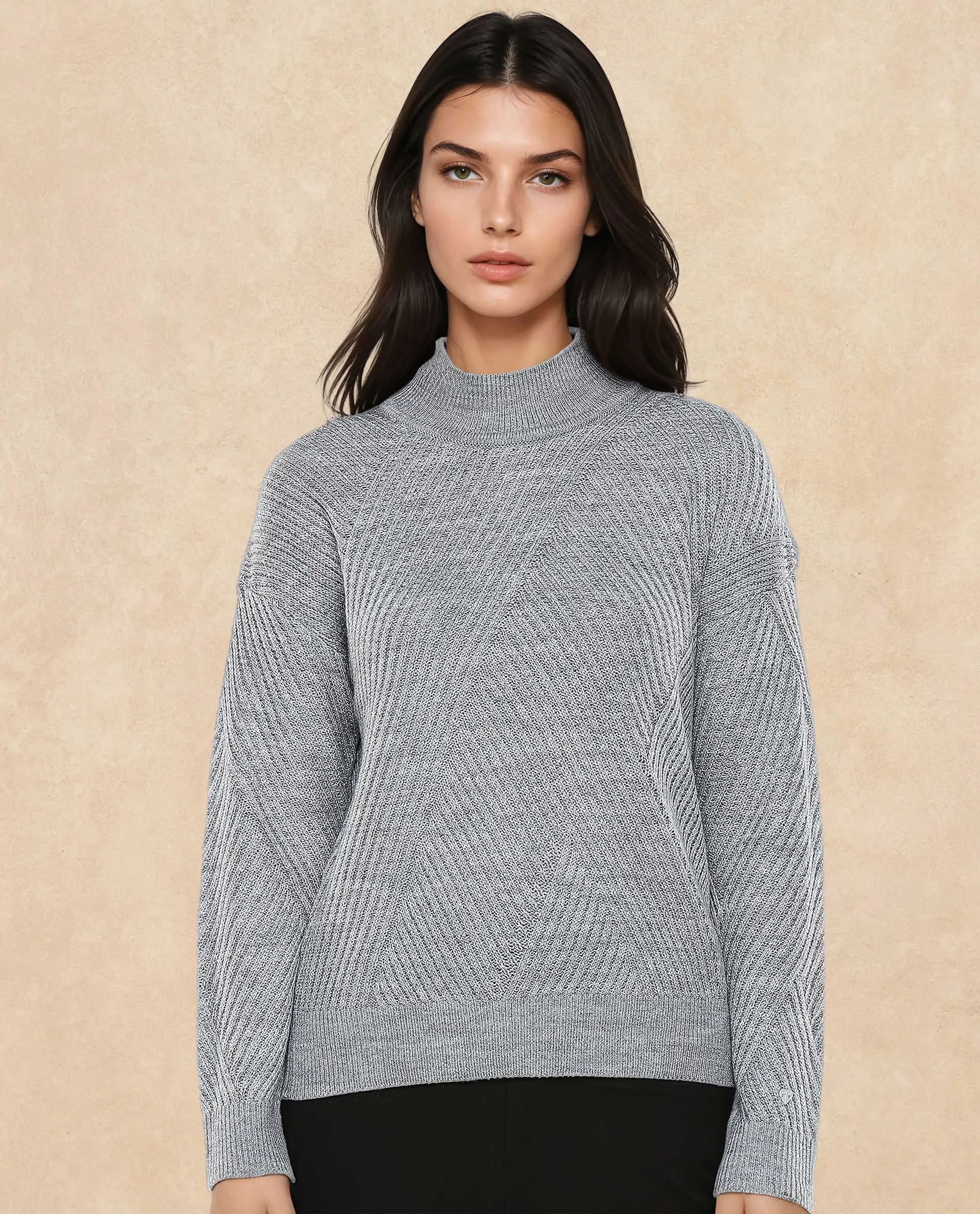 Rareism Women Apole Grey Relaxed Fit Plain Sweater
