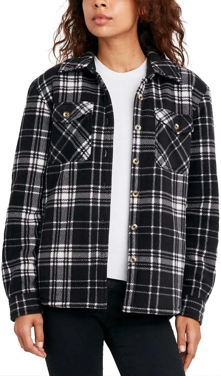 Sage Collective Women's Long Sleeve Plaid Super Plush Sherpa Lined Fleece Shirt Jacket with Pockets