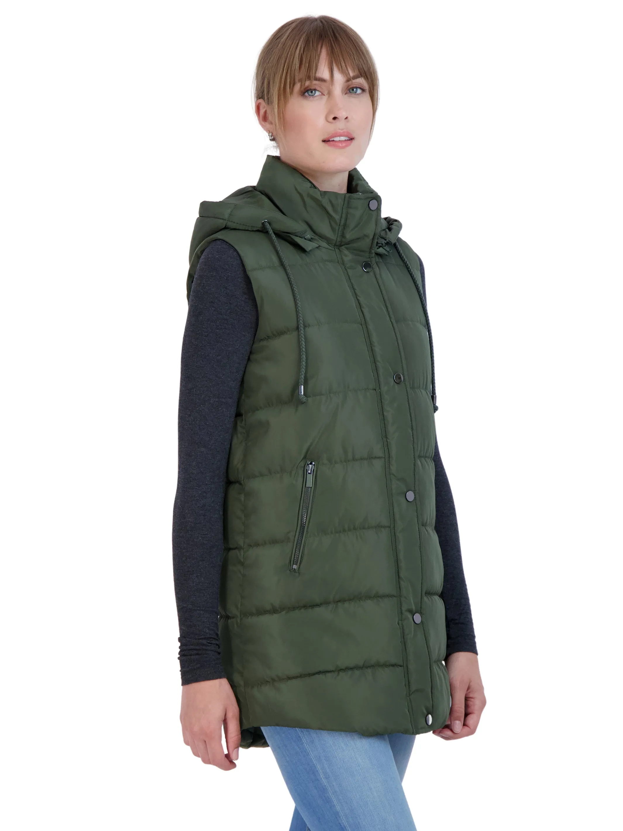 Sebby Collection Women's Long Puffer Vest with Detachable Hood