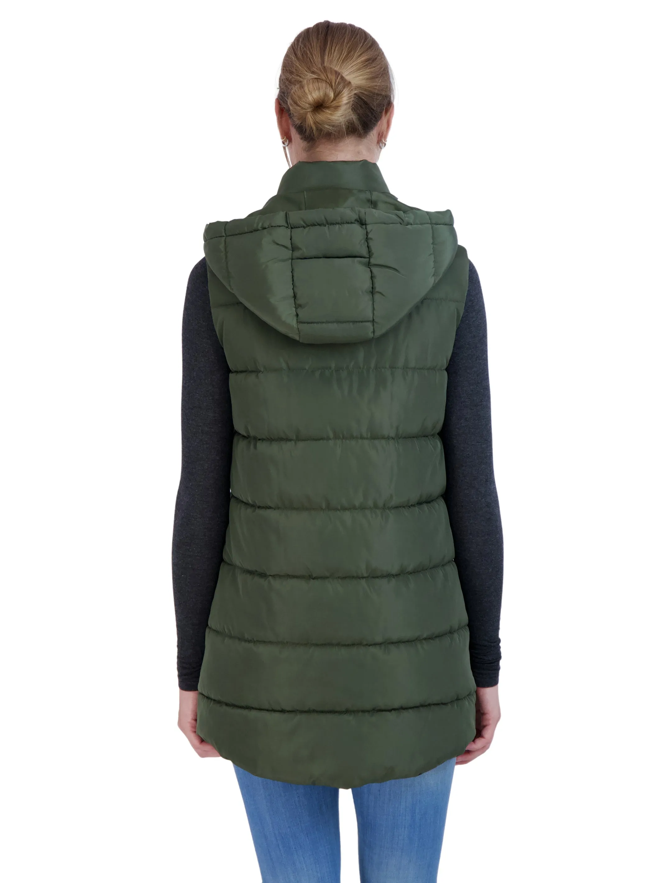 Sebby Collection Women's Long Puffer Vest with Detachable Hood