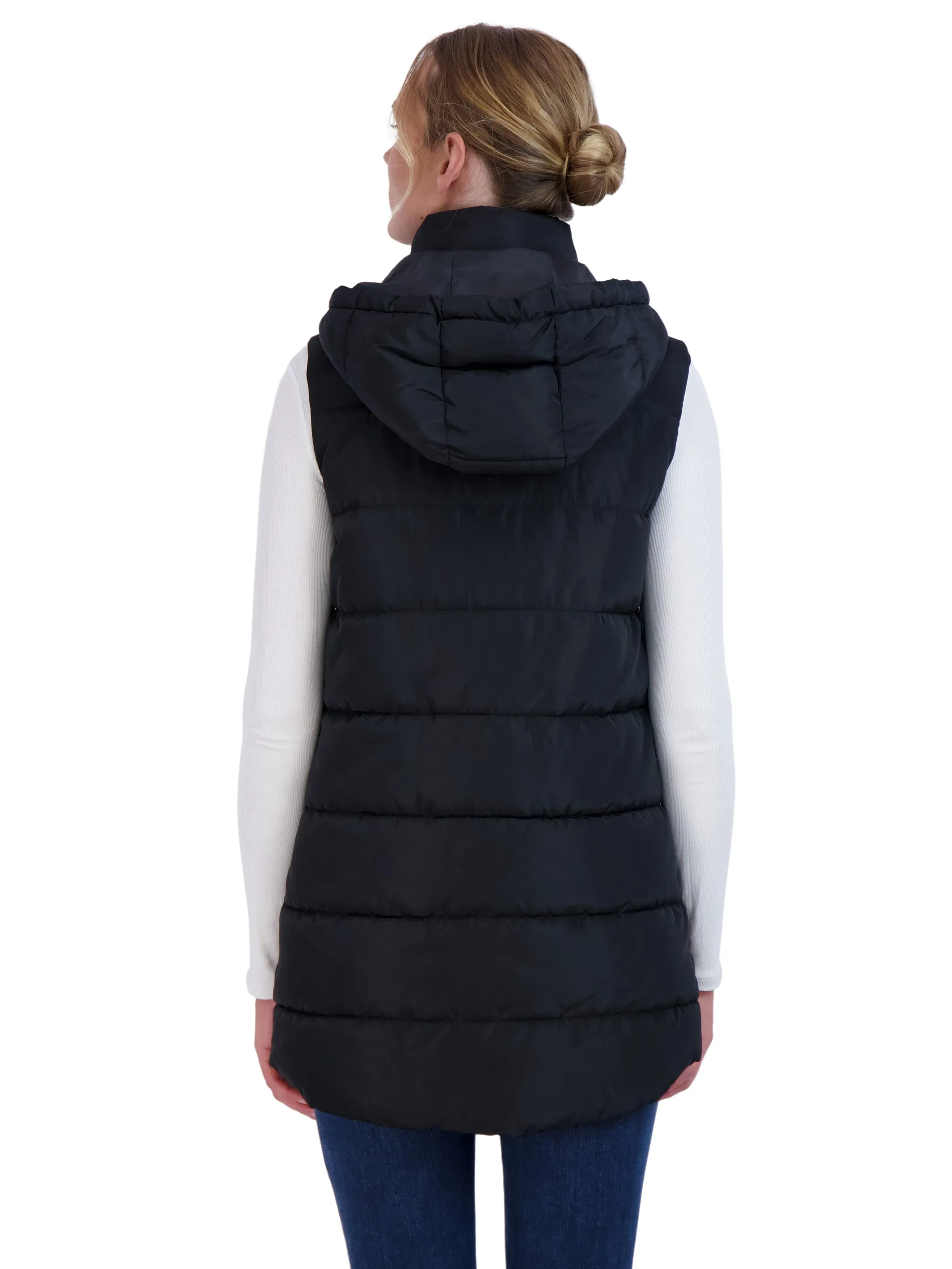 Sebby Collection Women's Long Puffer Vest with Detachable Hood