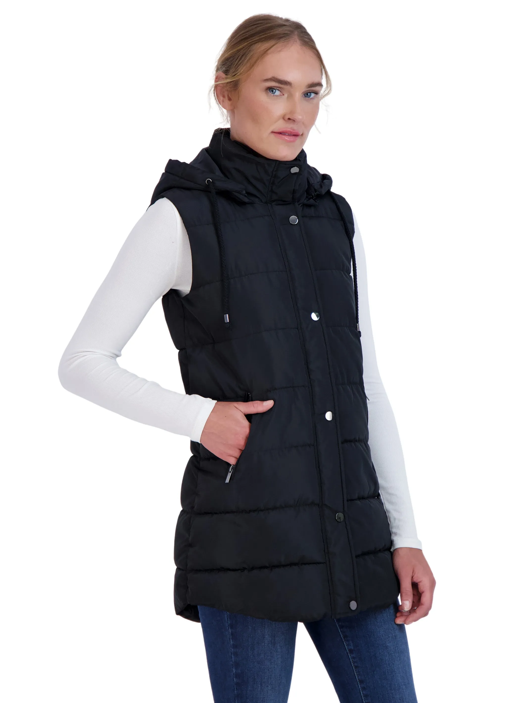 Sebby Collection Women's Long Puffer Vest with Detachable Hood