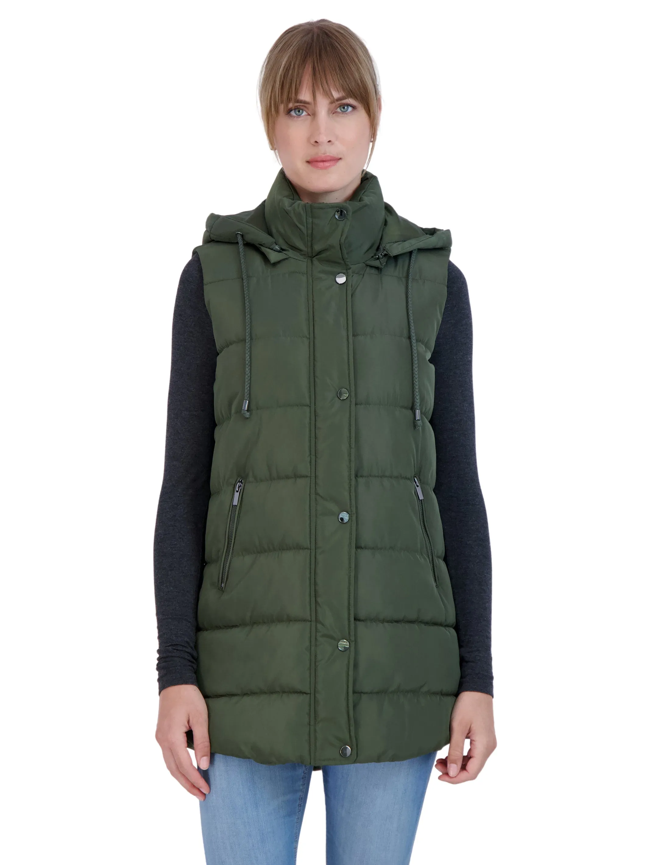 Sebby Collection Women's Long Puffer Vest with Detachable Hood