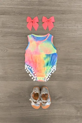 Sleeveless Tie Dye Pom Pom Onesie