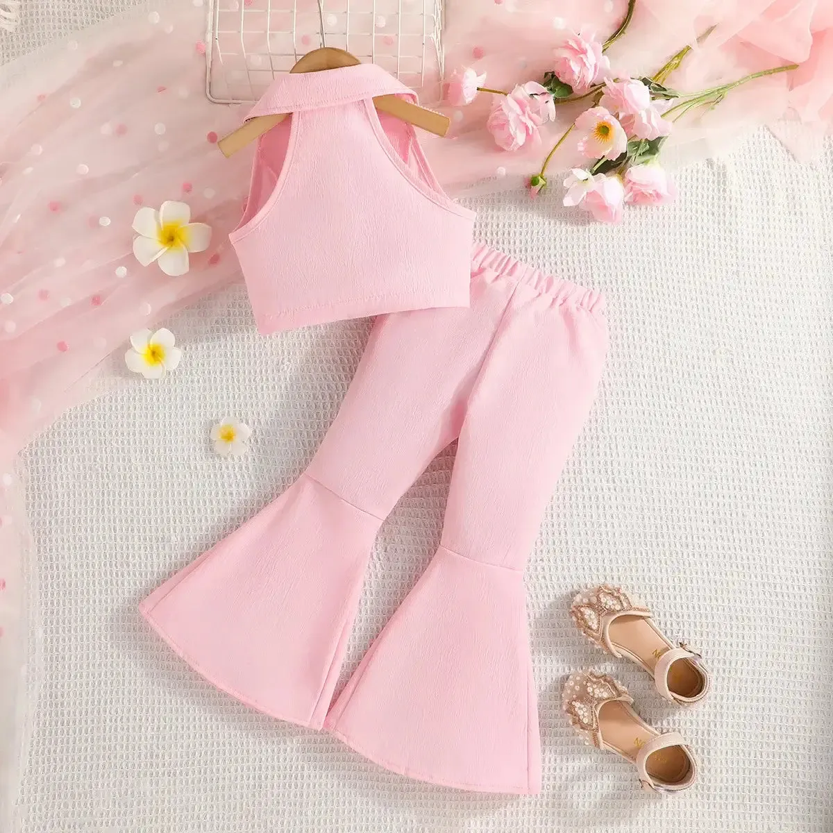 Summer Girls Sleeveless Lapel Short Top Solid Color Bow Flared Pants