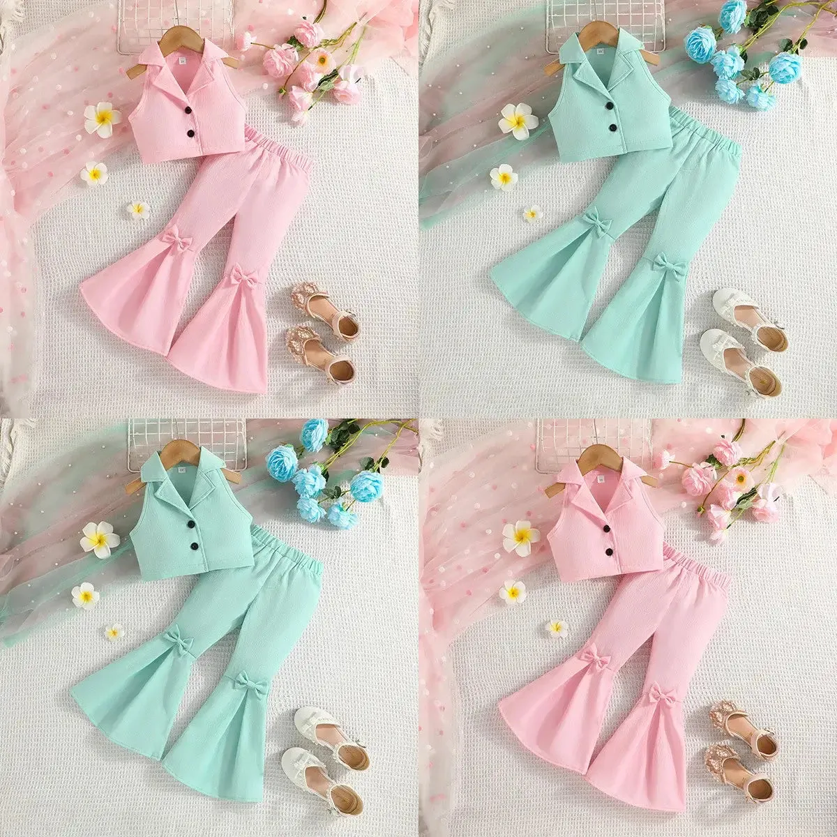 Summer Girls Sleeveless Lapel Short Top Solid Color Bow Flared Pants
