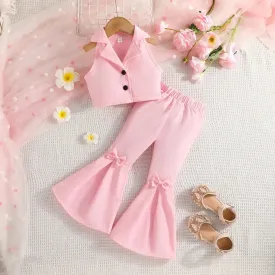 Summer Girls Sleeveless Lapel Short Top Solid Color Bow Flared Pants