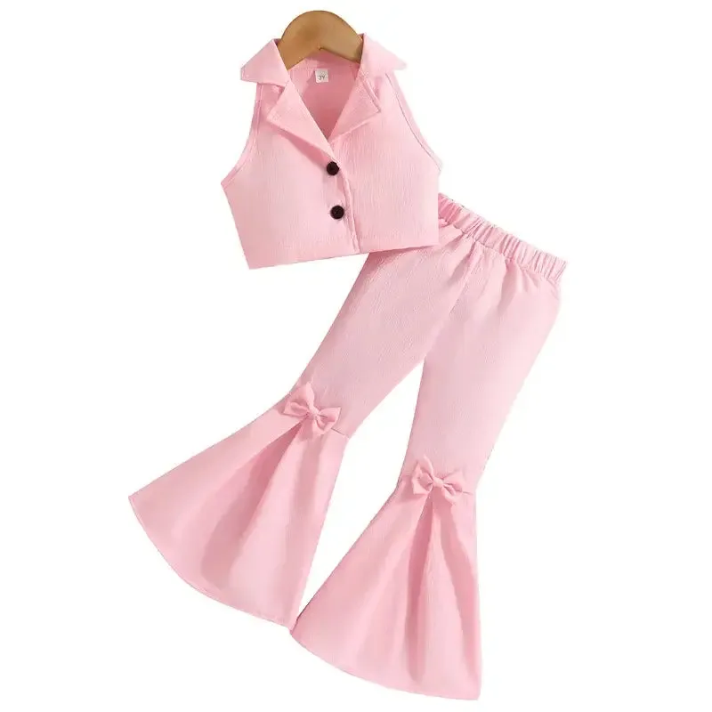 Summer Girls Sleeveless Lapel Short Top Solid Color Bow Flared Pants