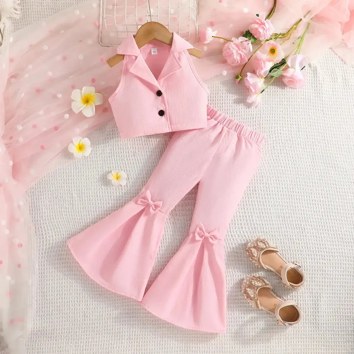 Summer Girls Sleeveless Lapel Short Top Solid Color Bow Flared Pants
