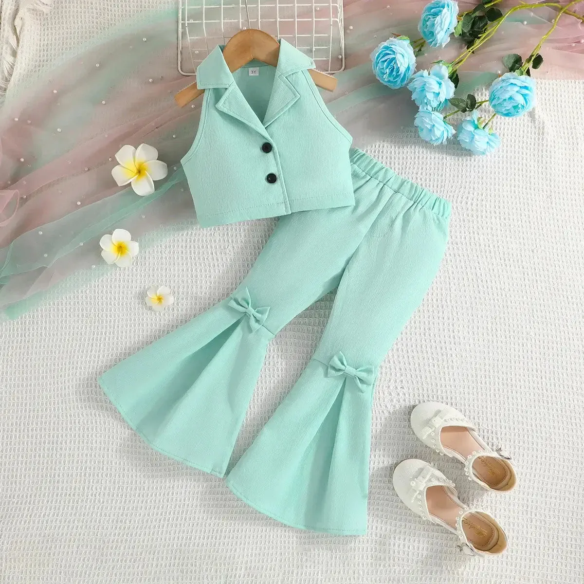 Summer Girls Sleeveless Lapel Short Top Solid Color Bow Flared Pants