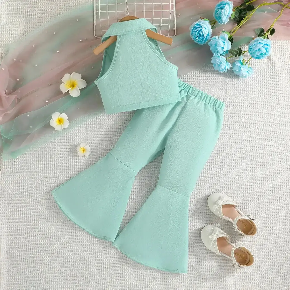 Summer Girls Sleeveless Lapel Short Top Solid Color Bow Flared Pants
