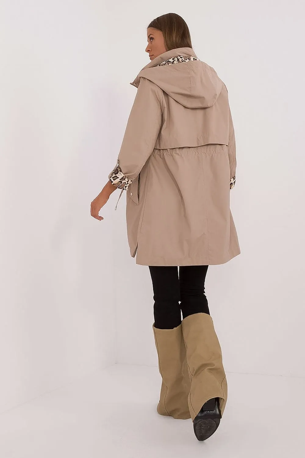 TEEK - Brown Inward Animal Print Waist Tied Hooded Jacket