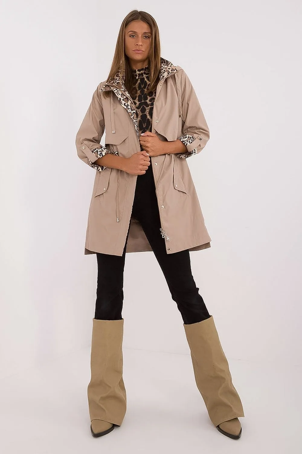 TEEK - Brown Inward Animal Print Waist Tied Hooded Jacket