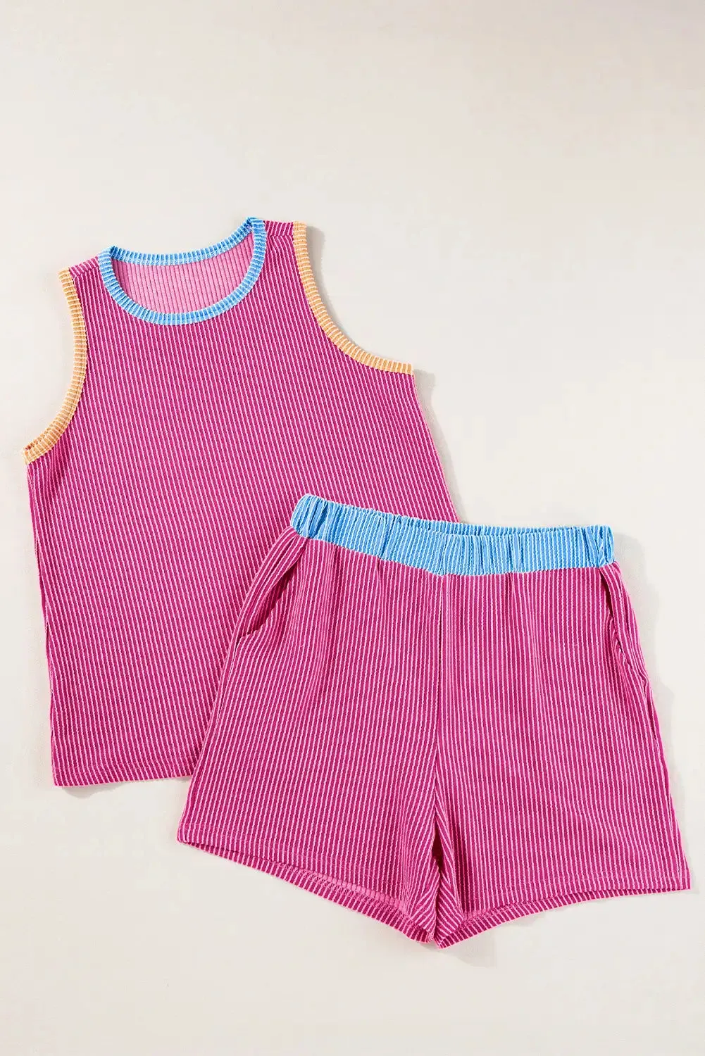 Vibrant Pink Color Block Sleeveless Set
