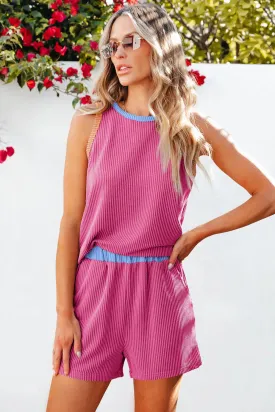 Vibrant Pink Color Block Sleeveless Set
