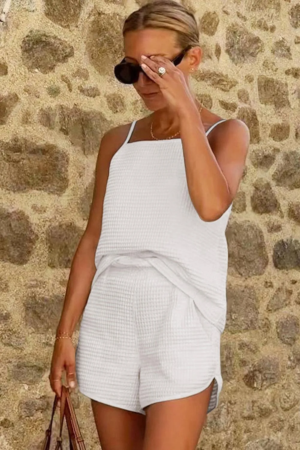 Waffle Knit White Cami Shorts Set