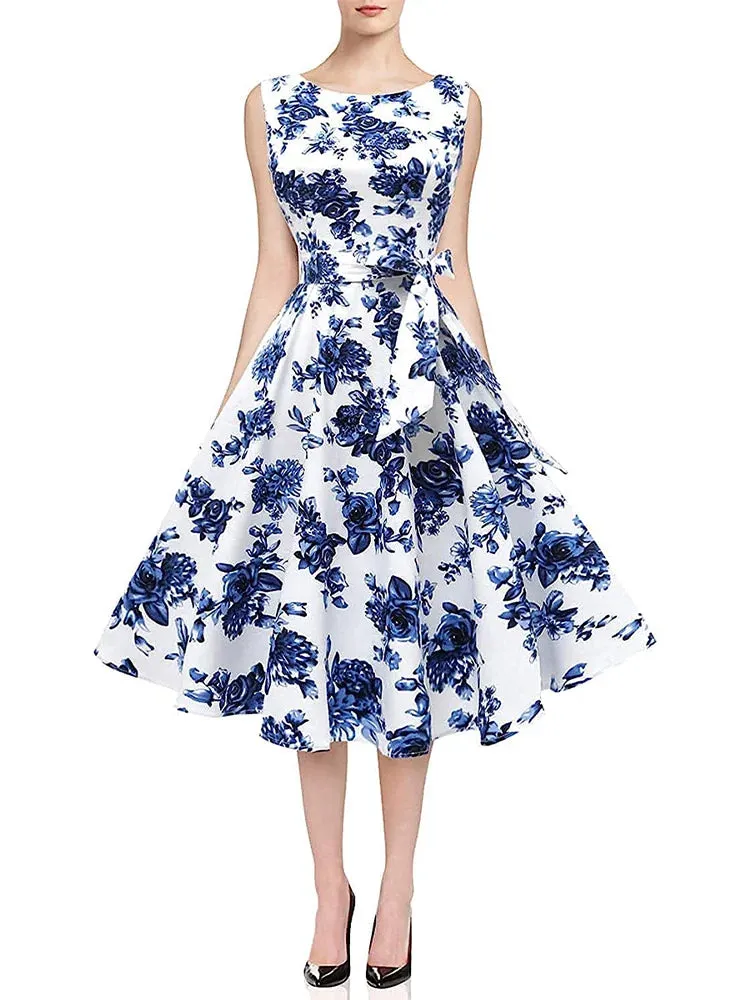 Women Blue Rose Party Floral Print Waistband Bell Midi Dress Casual Sweet Vintage A-line Office Lady Dress Vestidos Summer