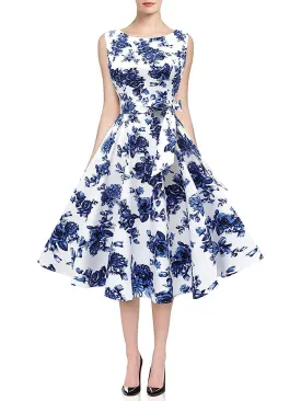 Women Blue Rose Party Floral Print Waistband Bell Midi Dress Casual Sweet Vintage A-line Office Lady Dress Vestidos Summer