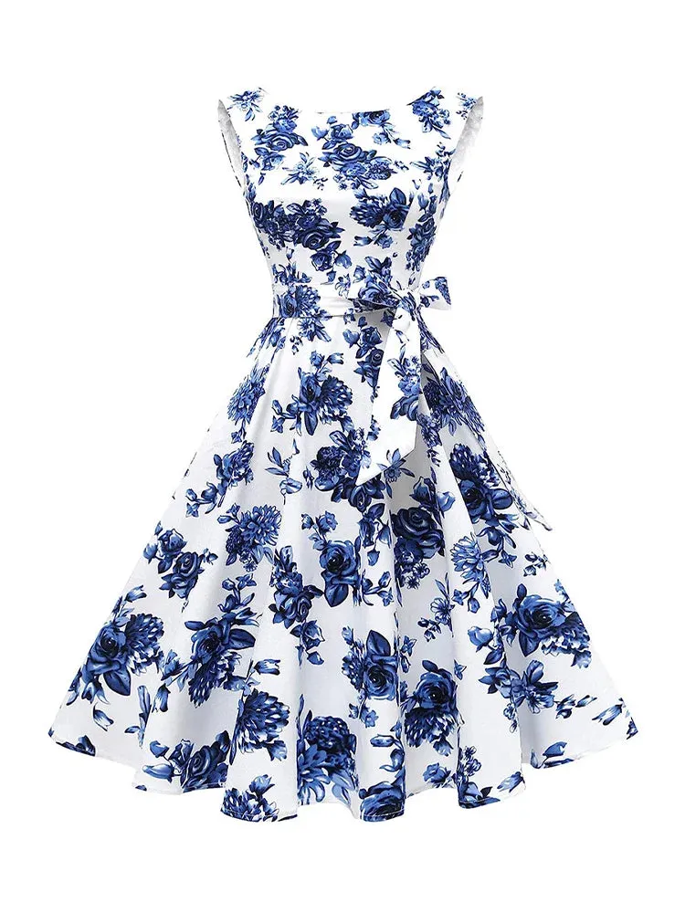 Women Blue Rose Party Floral Print Waistband Bell Midi Dress Casual Sweet Vintage A-line Office Lady Dress Vestidos Summer