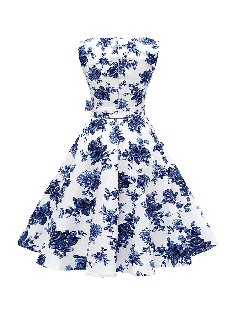 Women Blue Rose Party Floral Print Waistband Bell Midi Dress Casual Sweet Vintage A-line Office Lady Dress Vestidos Summer