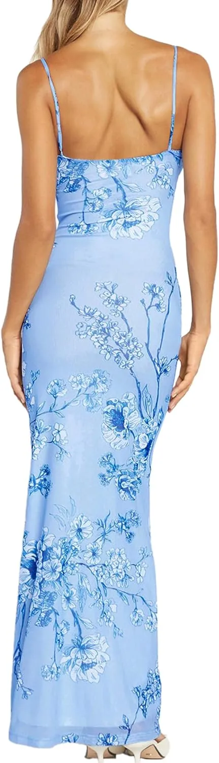 Womens Sexy V Neck Satin Maxi Dresses Spaghetti Strap Floral Print Dresses Slim Fit Elegant Long Dresses Night Party Outfits