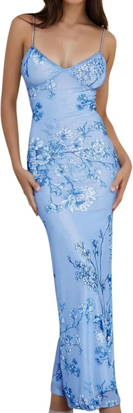 Womens Sexy V Neck Satin Maxi Dresses Spaghetti Strap Floral Print Dresses Slim Fit Elegant Long Dresses Night Party Outfits