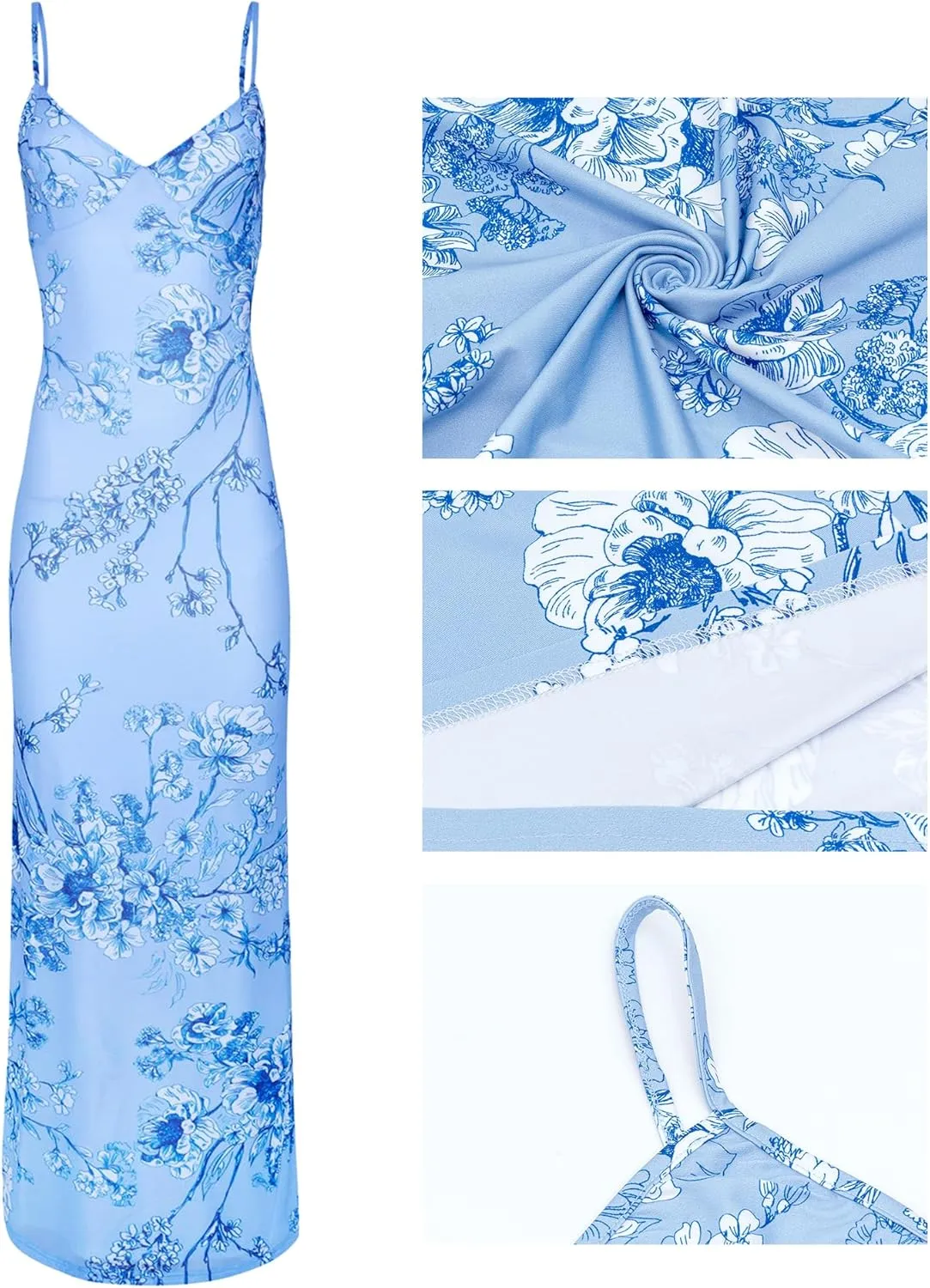 Womens Sexy V Neck Satin Maxi Dresses Spaghetti Strap Floral Print Dresses Slim Fit Elegant Long Dresses Night Party Outfits