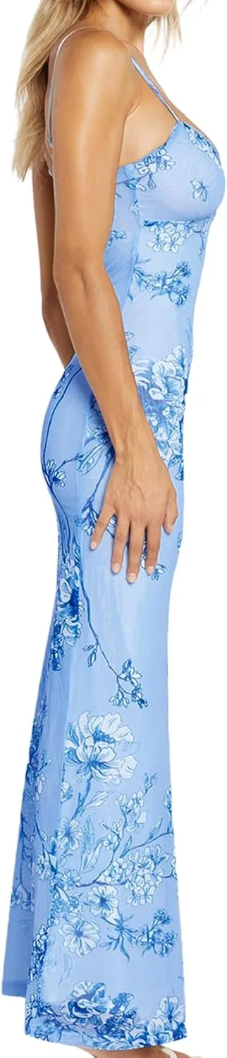 Womens Sexy V Neck Satin Maxi Dresses Spaghetti Strap Floral Print Dresses Slim Fit Elegant Long Dresses Night Party Outfits