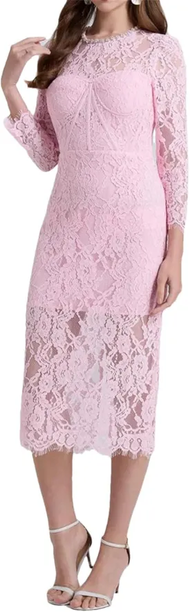 Women's Slim Fit Lace Dress - Round Neck Long Sleeve High Waist Belted Design