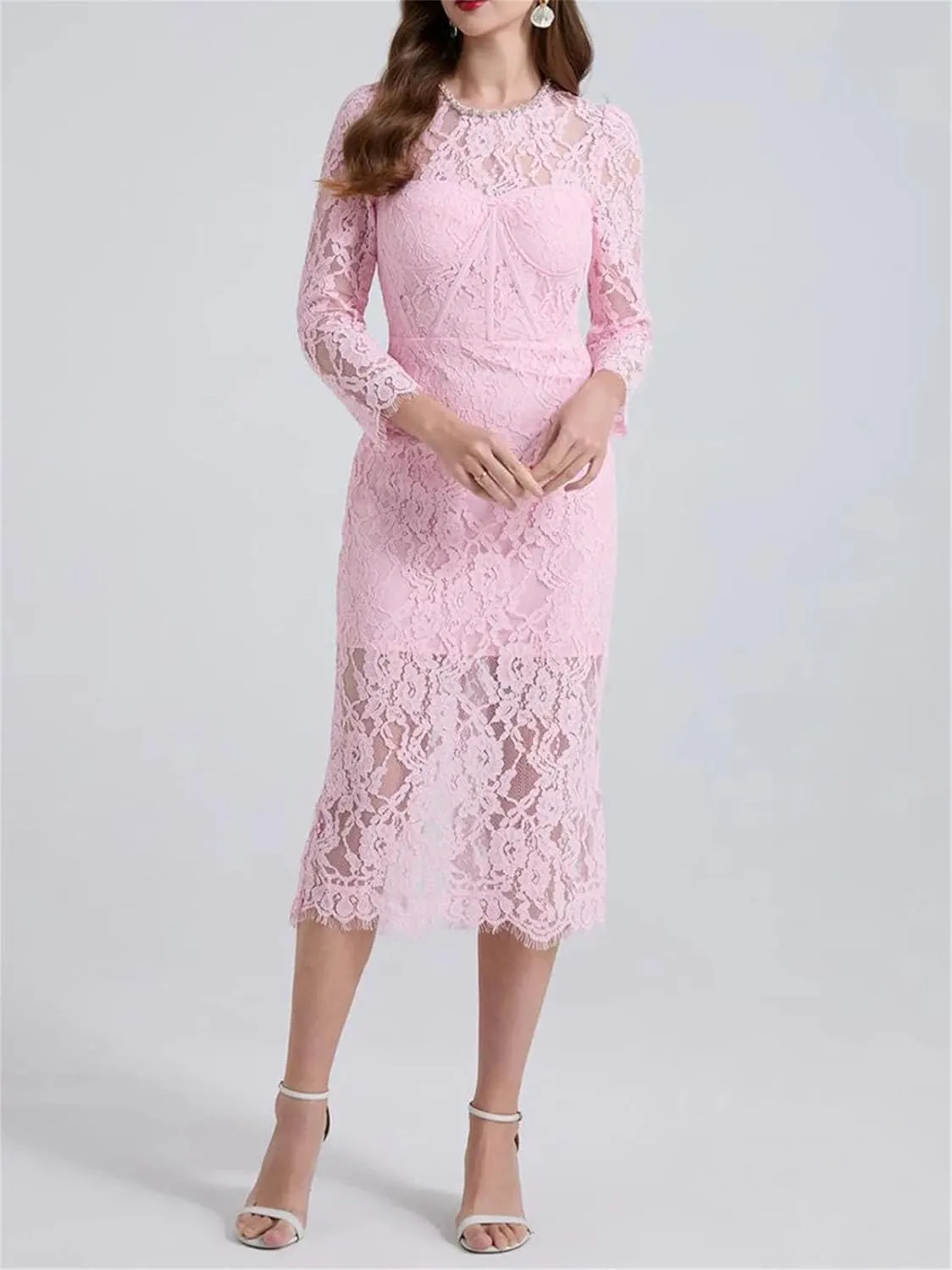 Women's Slim Fit Lace Dress - Round Neck Long Sleeve High Waist Belted Design