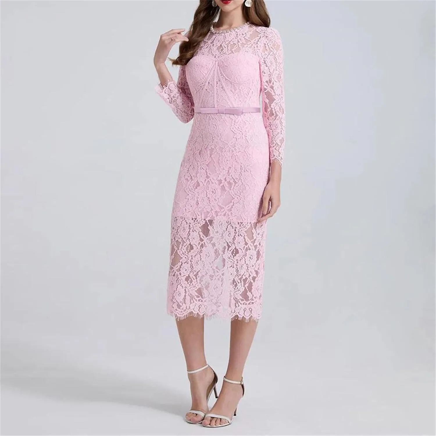 Women's Slim Fit Lace Dress - Round Neck Long Sleeve High Waist Belted Design